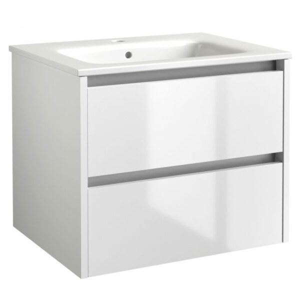 Kartell Wall Mounted 2 Drawer Cabinet Unit With Basin 600mm X 460mm, White Gloss