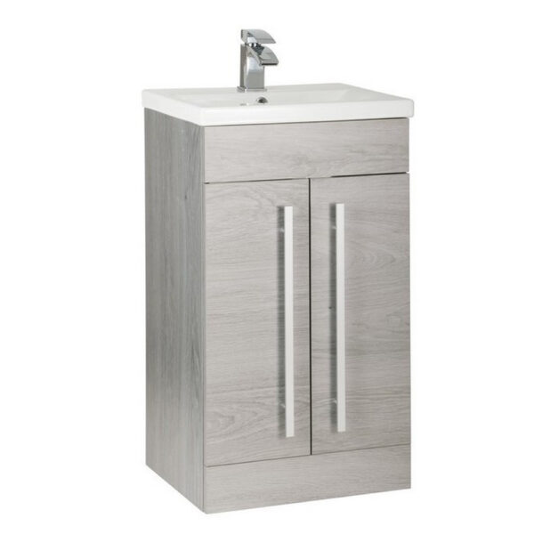 Kartell Purity 500mm Floor Standing 2 Door Silver Oak Vanity Unit with Mid Depth Basin